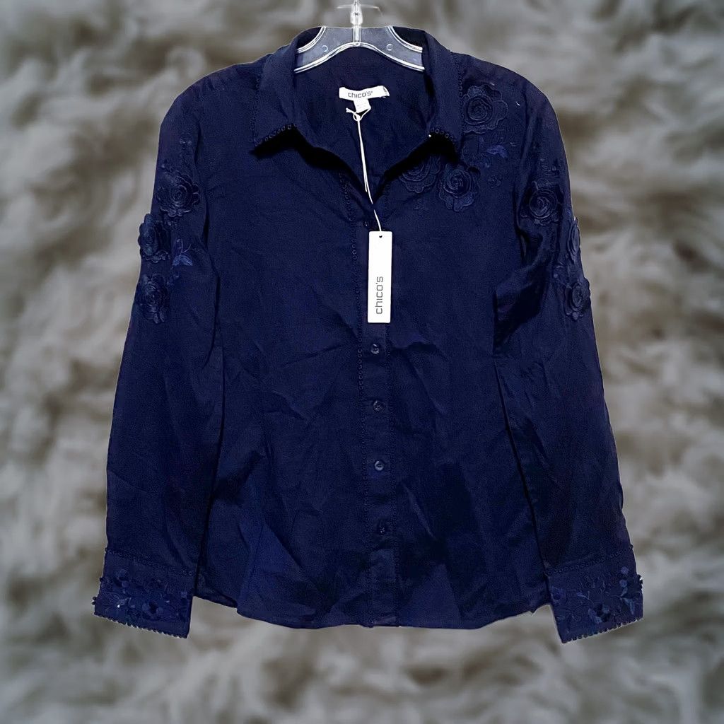 Vintage Chico's Button-Up Navy Floral Embroidered Blouse Women S Long Sleeve 100% Cotton NWT Size S US 4 Vintage? No Size S / US 4 / IT 40 - 1 Thumbnail