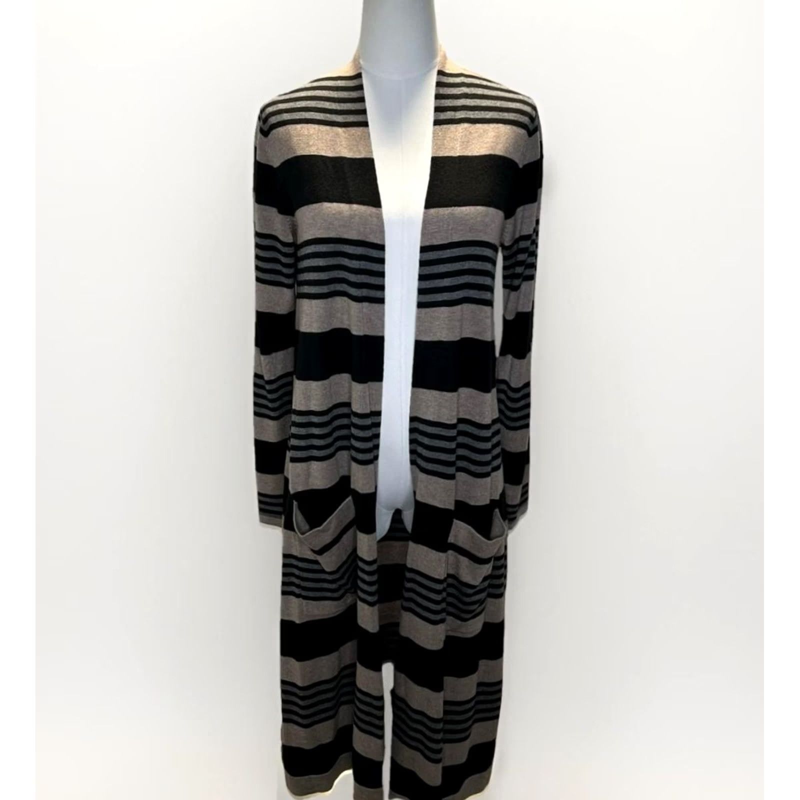 Vintage Laurie Felt Cardigan Sweater Womens M Black Tan Striped Open Front Pockets Long Knit Cashmere Blend Size M / US 6-8 / IT 42-44 - 2 Thumbnail