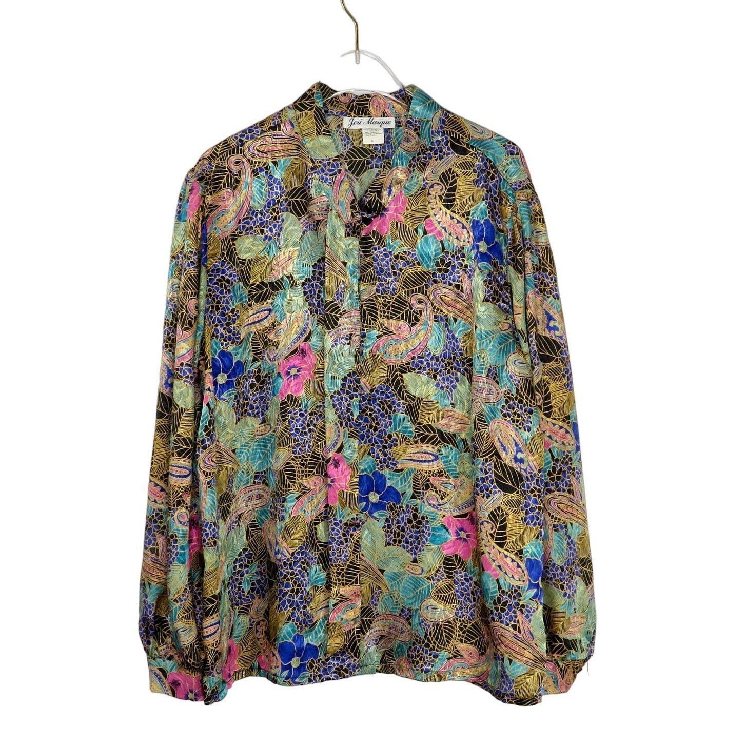 Vintage 80s Vintage Satin Floral Art Deco Button Down Blouse XL Size XL / US 12-14 / IT 48-50 - 1 Thumbnail