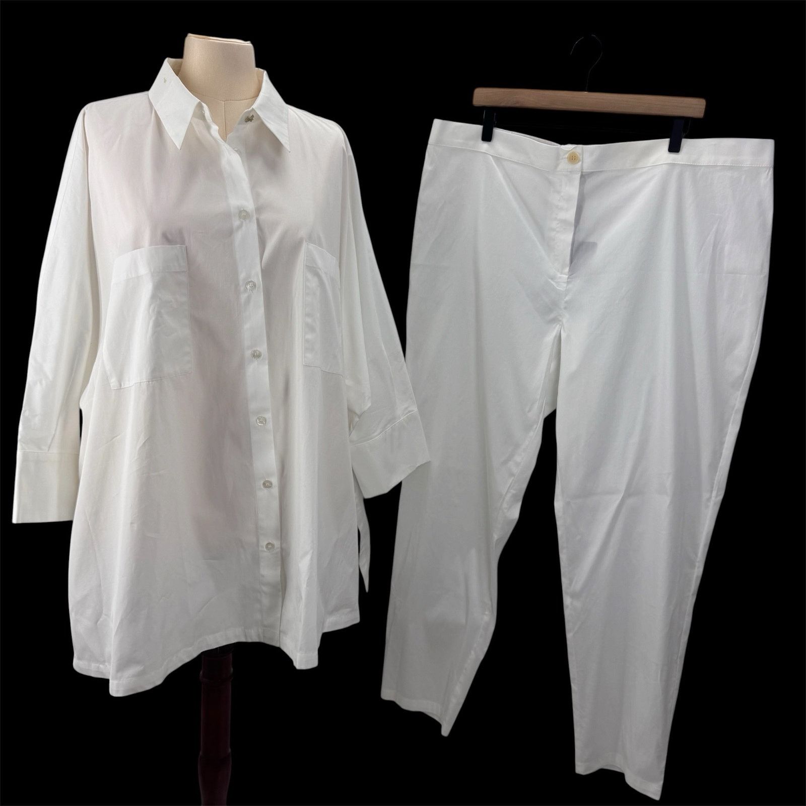 Marina Rinaldi Marina Rinaldi White Cotton Button Up Shirt & Pant Set Plus Size 3XL / US 20-22 - 2 Thumbnail