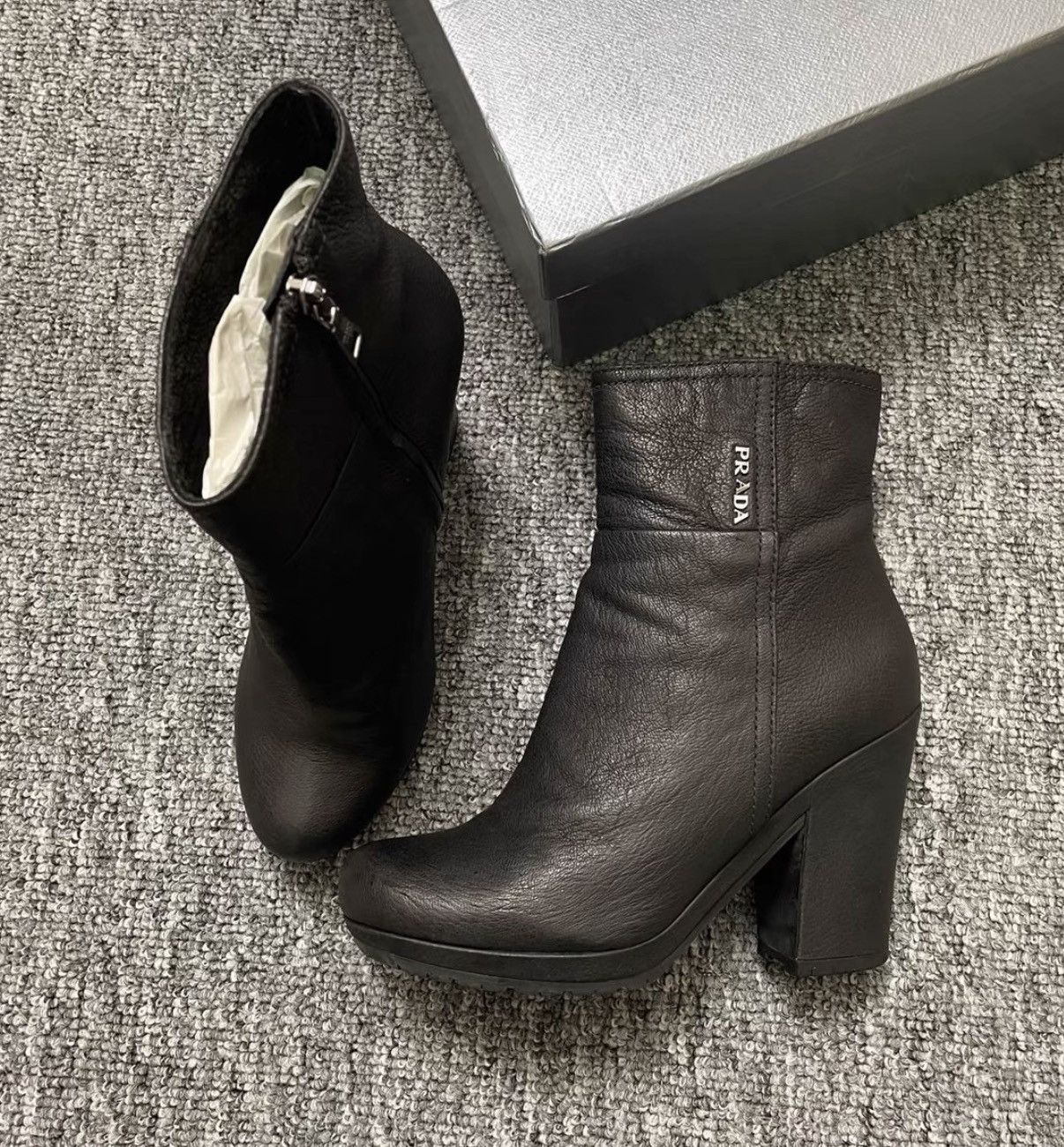 Prada Prada Black Round Toe Block Heel Ankle Boots K12 Size US 5.5 / IT 35.5 - 1 Thumbnail