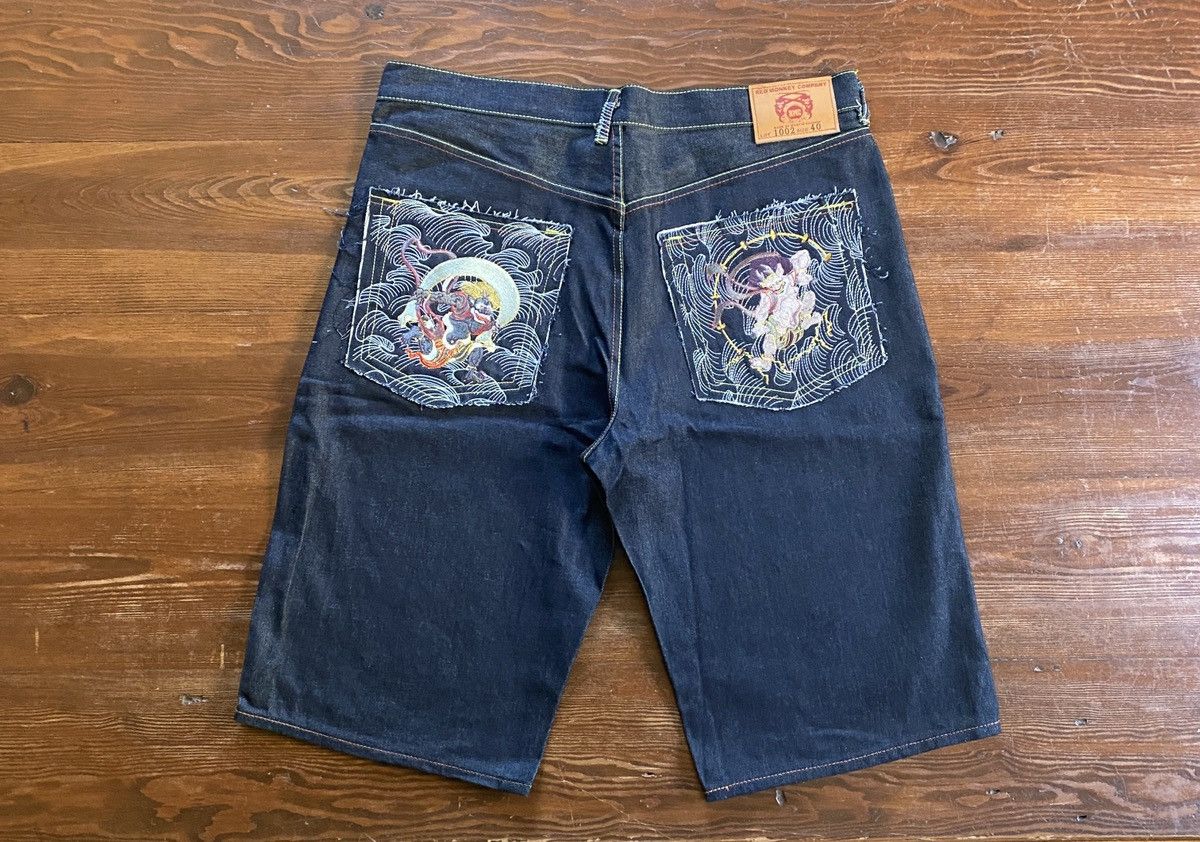 RMC Jeans Red Monkey Company Embroider Wide Denim Jean Shorts Selvedge Size US 39 - 2 Thumbnail