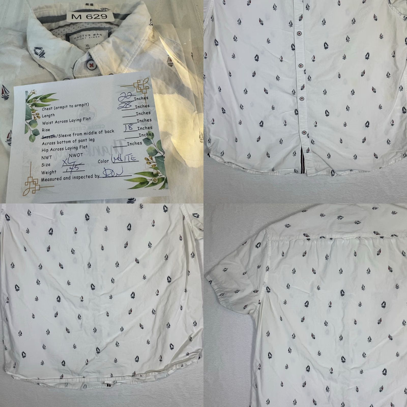Vintage Cactus Man Shirt XL White Boat Print Slim-Fit 100% Cotton Button-Down Mens Size US XL / EU 56 / 4 - 8 Thumbnail
