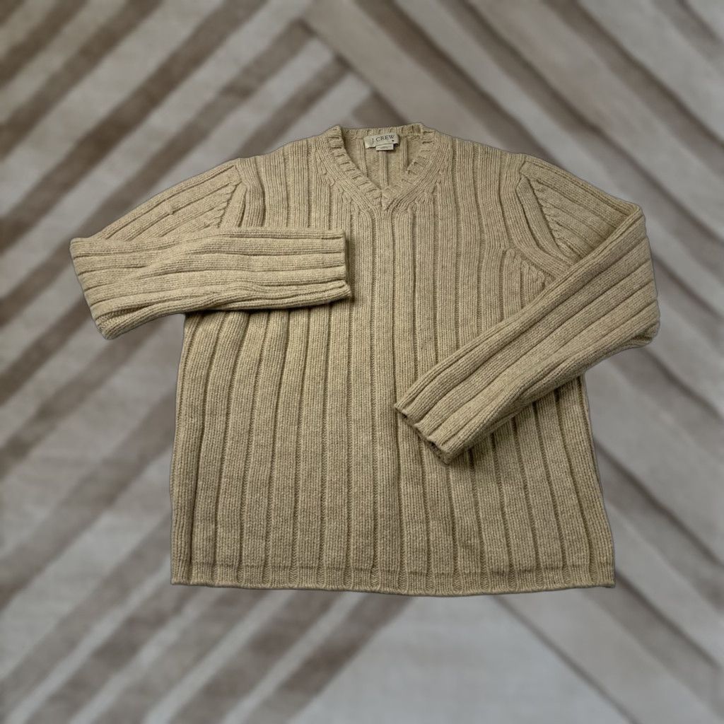 Vintage VINTAGE J Crew Sweater Men M V-Neck Lambswool Beige Ribbed Solid 100% Heavy Tan Beige Size US M / EU 48-50 / 2 - 1 Thumbnail