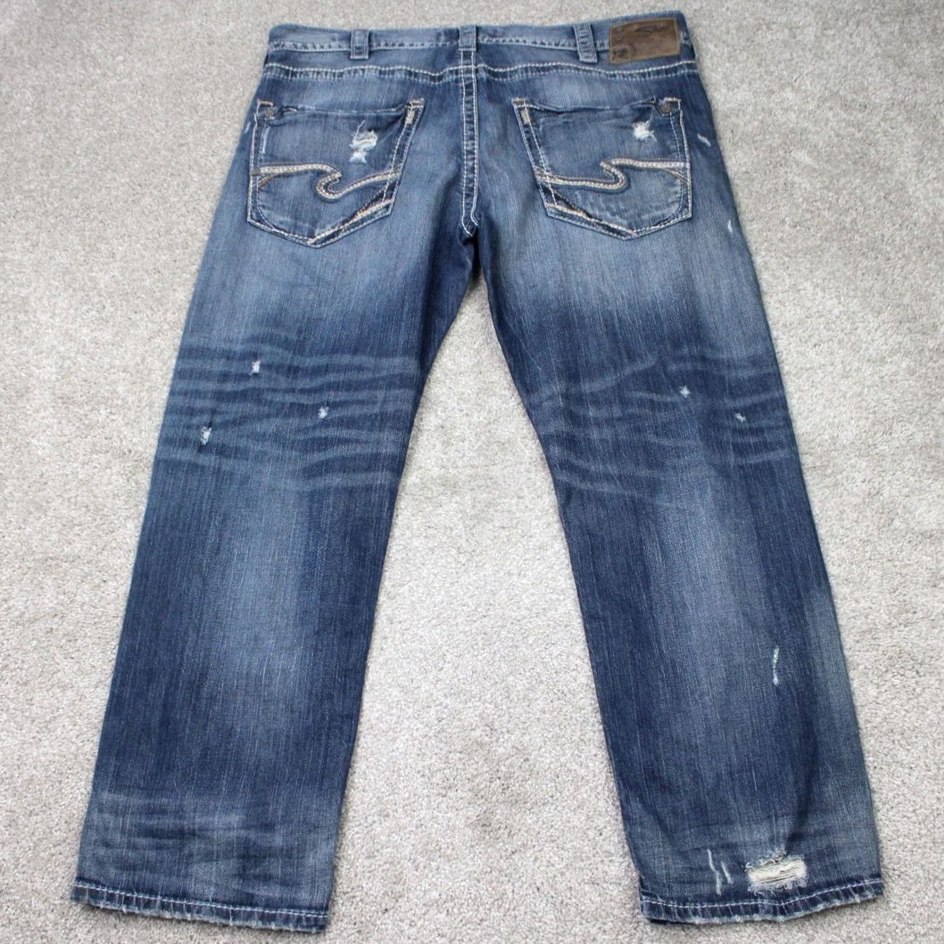 Silver Jeans Co. Silver Jeans Eddie Mens 40x30 Blue Distressed Relaxed Stretch Denim Jeans Size 40 Mens Size US 40 / EU 56 - 6 Thumbnail