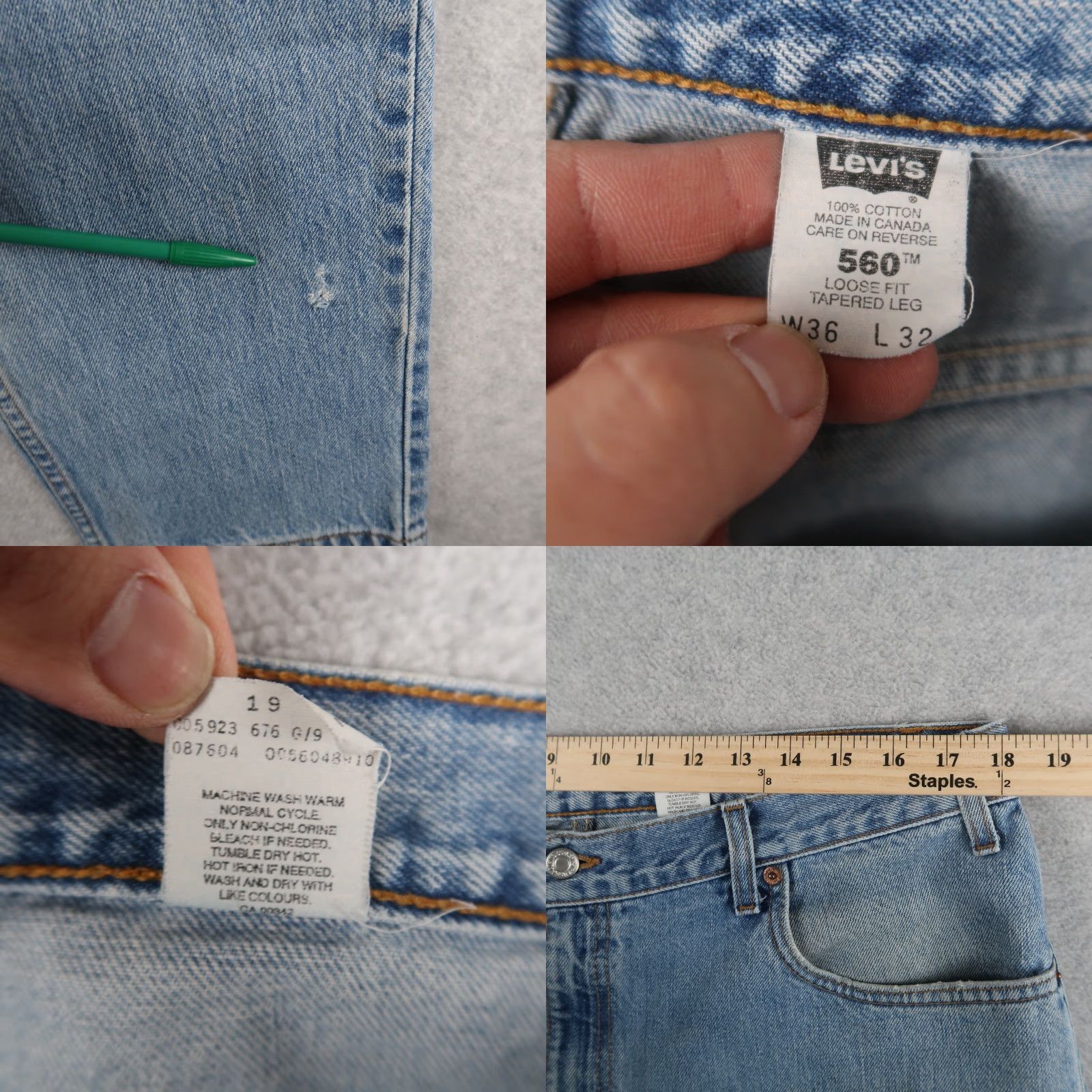 Levi's VINTAGE Levis 560 36x32 (36x30.75) Red Tab Tapered Leg Denim Jeans Canada 90s Size US 36 / EU 52 - 8 Thumbnail