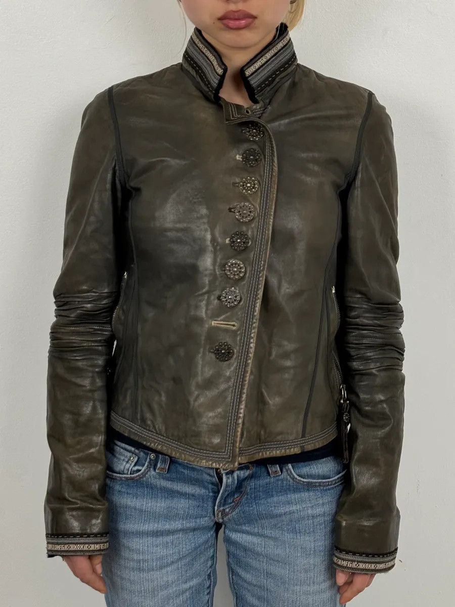 Marithe + Francois Girbaud AW2003 Marithé + François Girbaud Grey Eroded Buttoned Asymmetrical Leather Jacket Size S / US 4 / IT 40 - 2 Thumbnail