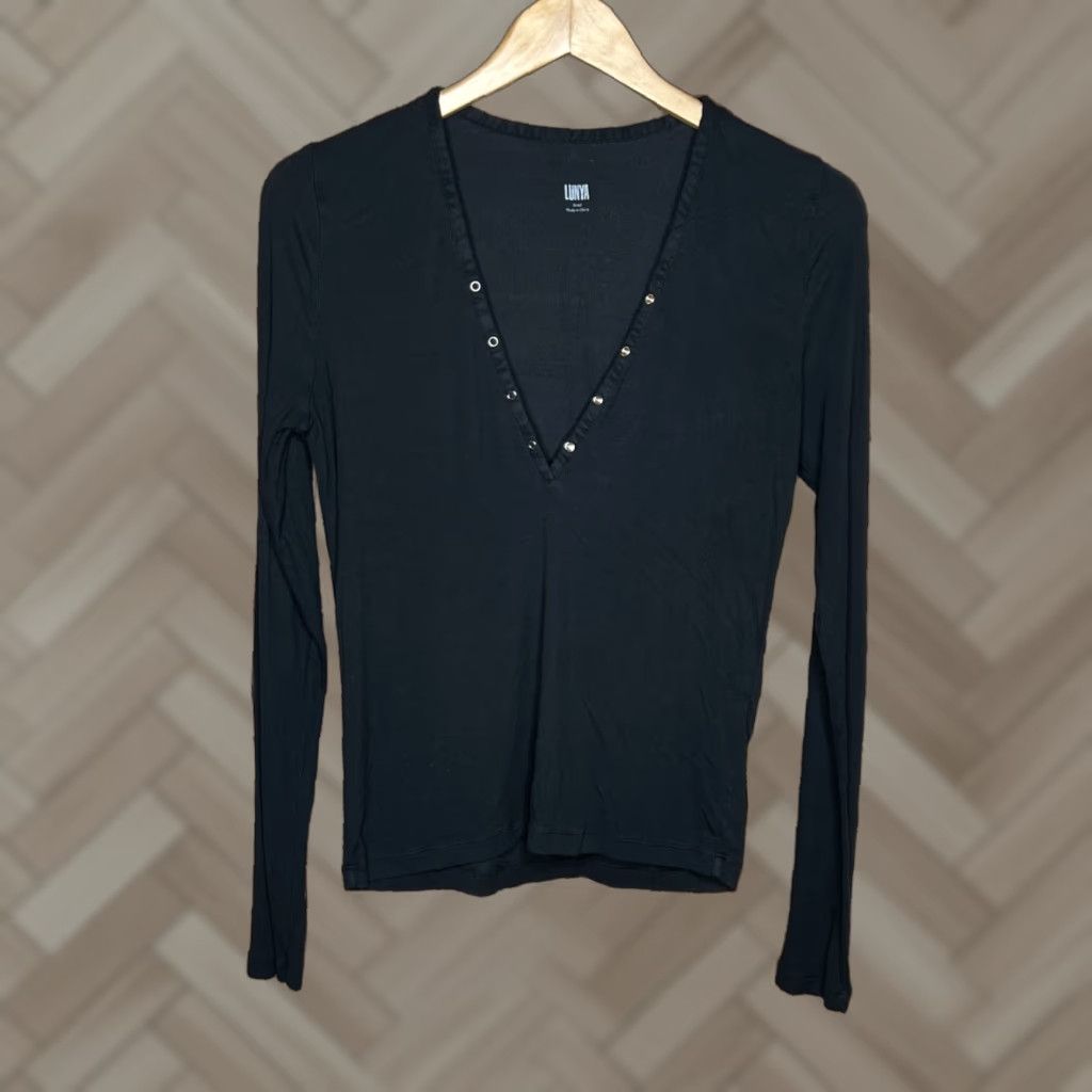 Lunya Lunya Soft Modal V Neck Henley Black Small Shirt Women S Regular Fall Spring Classic Knit Long Sleeve Button Basic Size S / US 4 / IT 40 - 1 Thumbnail