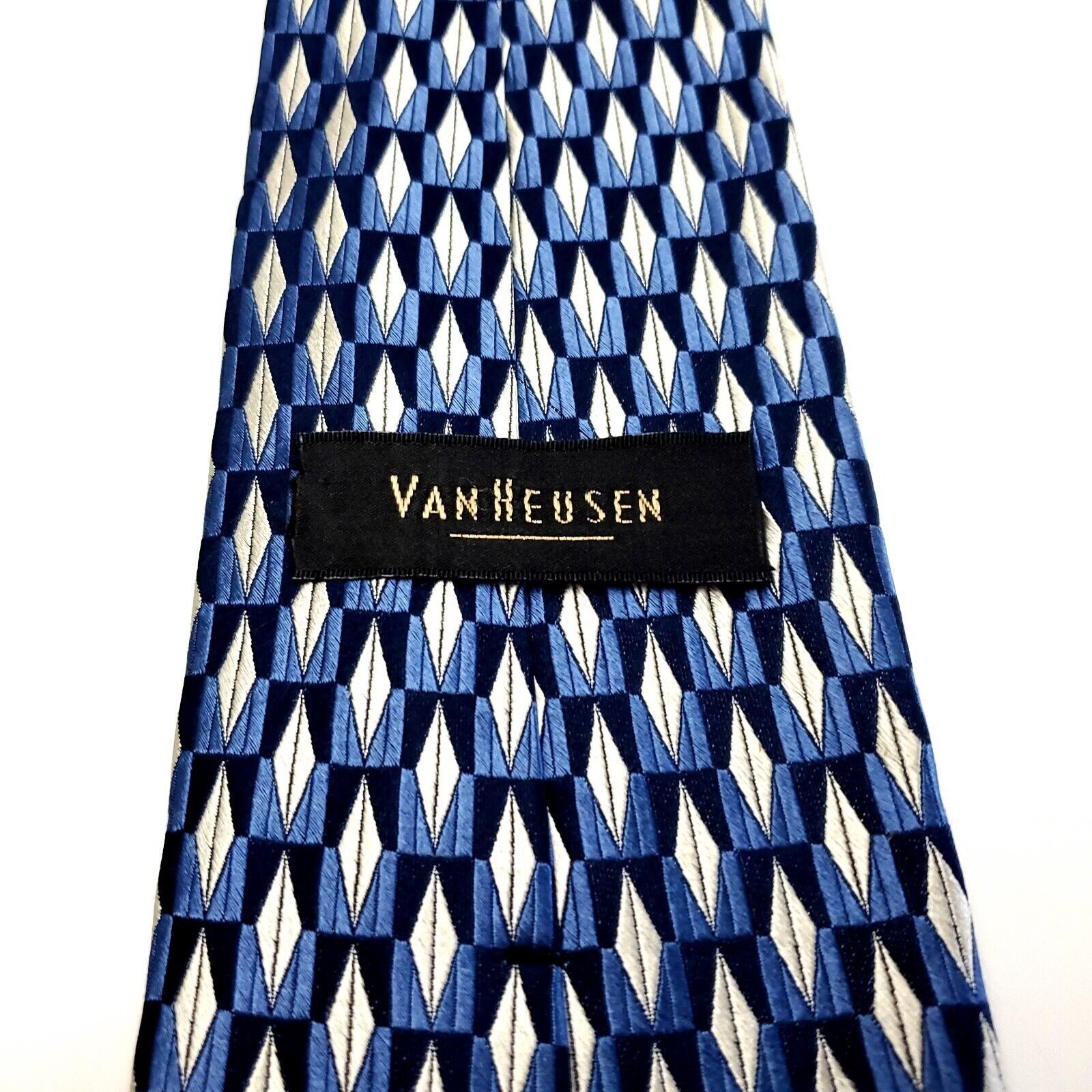 Van Heusen Van Heusen Blue White Silk Tie Woven Geometric Size ONE SIZE - 4 Thumbnail