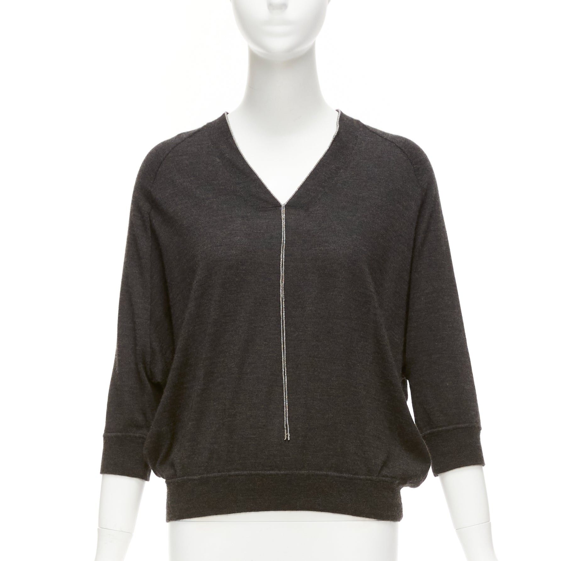 Image of Brunello Cucinelli Grey Cashmere Silk Silver Chain V Neck Cropped Sweater Xxs, Women's