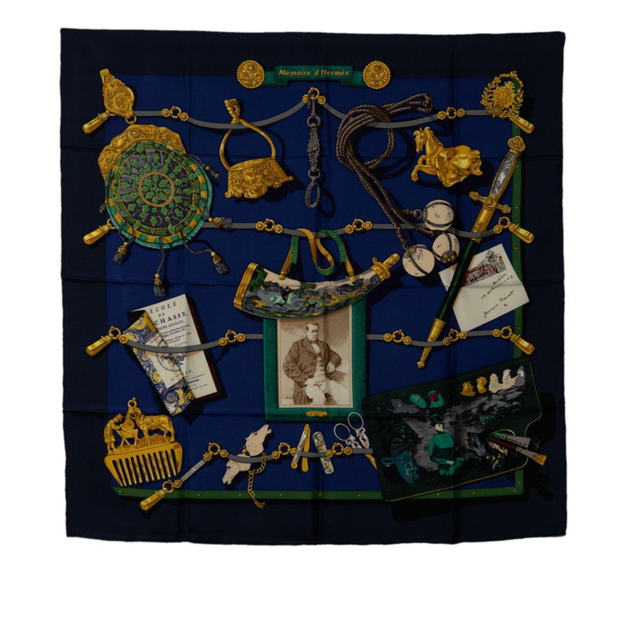 image of Hermes Carre 90 Memoire D' Scarf Muffler Navy Blue Multicolor Silk Women's