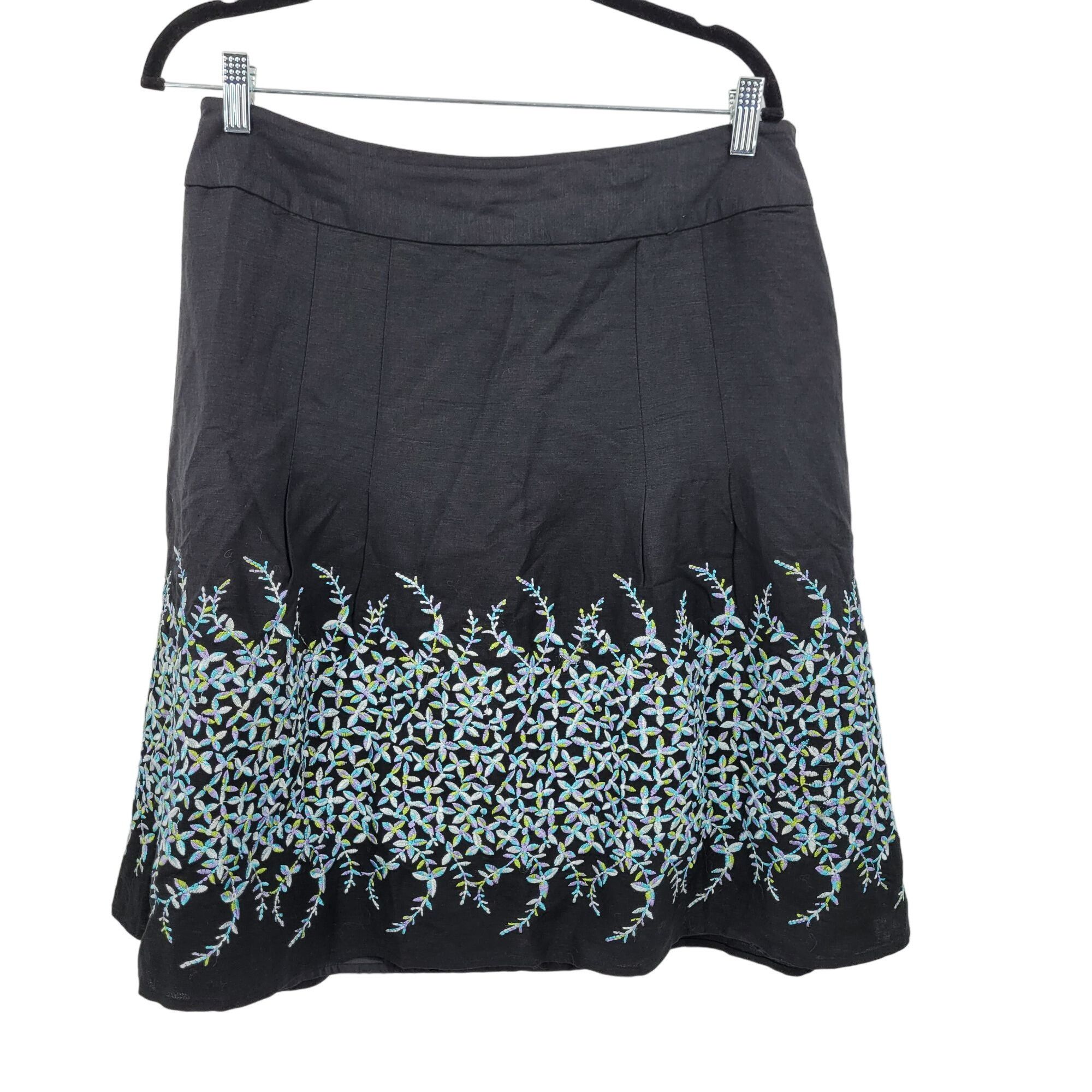 Vintage Linen Skirt 12 Black Floral Embroidered Full