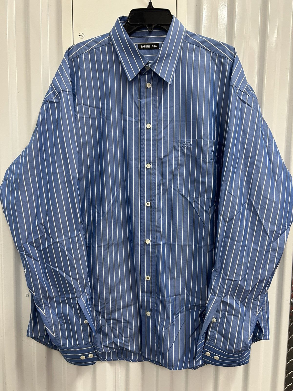 image of Balenciaga Striped Deconstructed Button Up Shirt in Blue/White, Men's (Size Small)