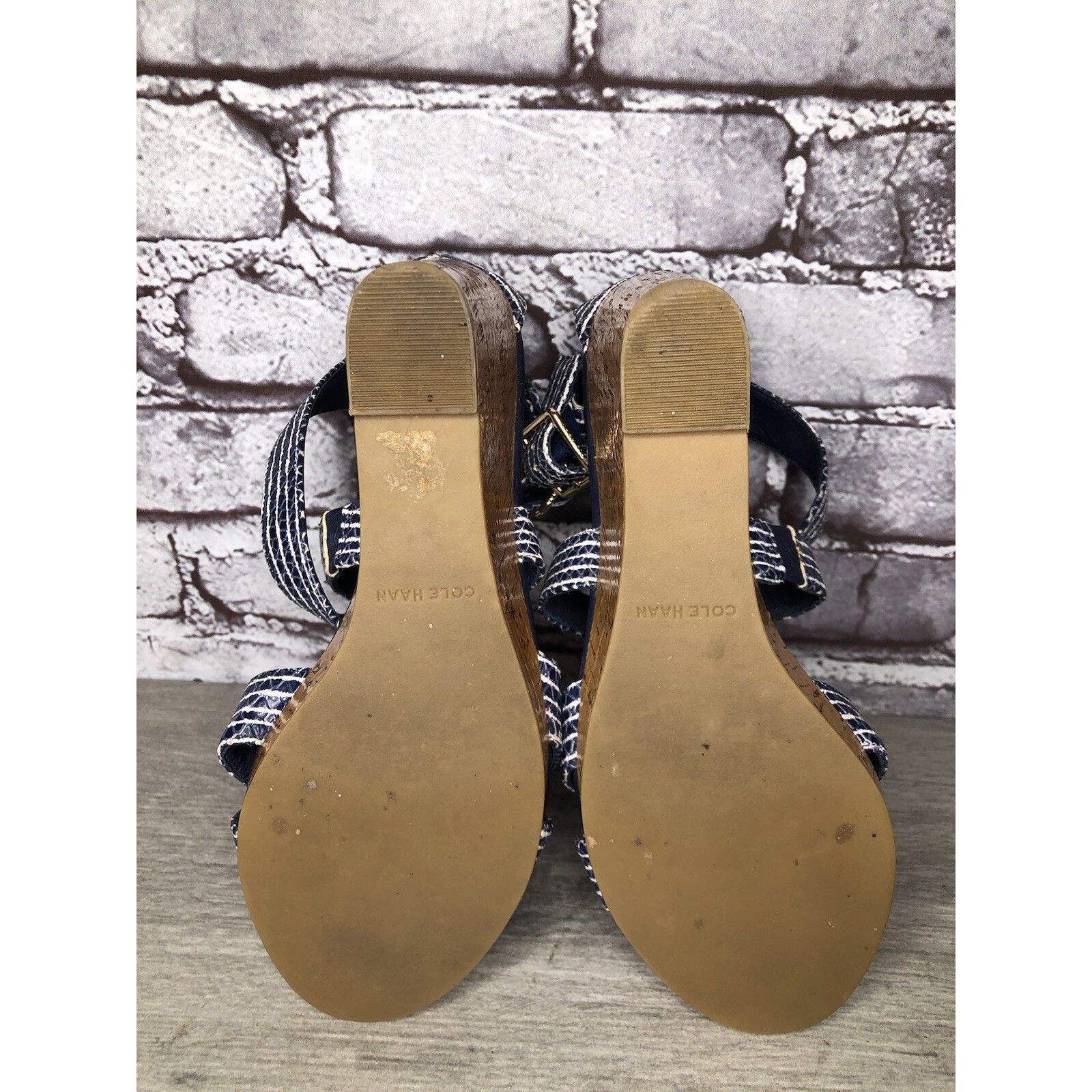 Cole Haan Cole Haan Grand OS Blue White Stripe Leather Cork Wedge Sand Size US 7.5 / IT 37.5 - 10 Thumbnail