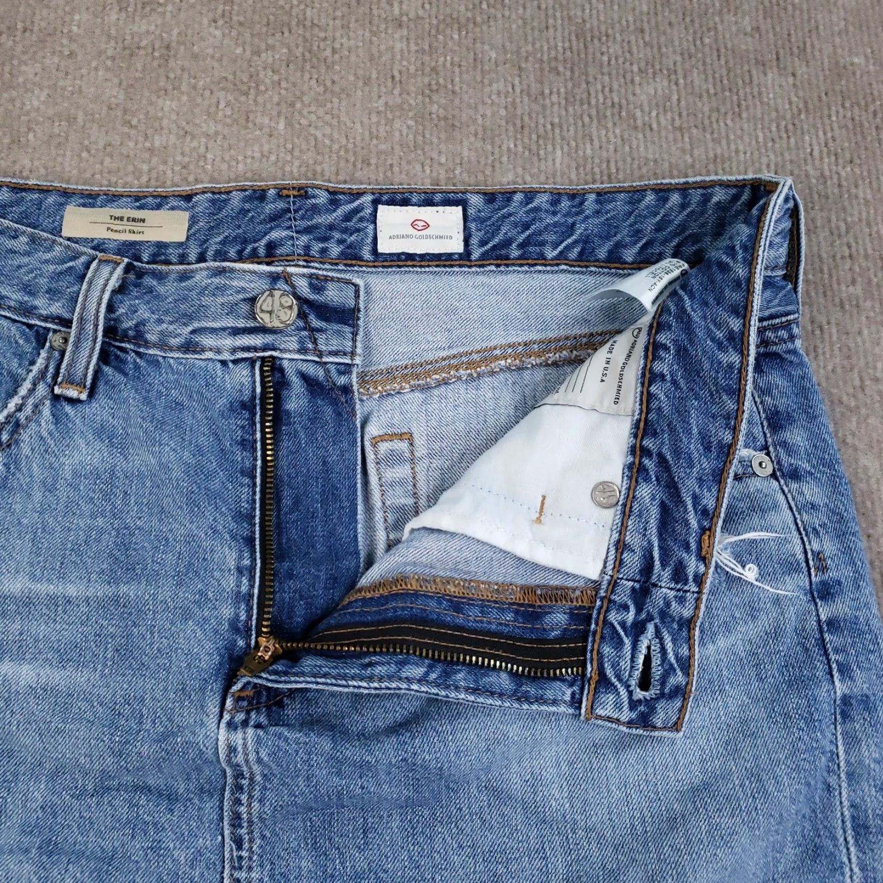 Denime AG Adriano Goldschmied Erin Pencil Skirt Womens 30 Blue Denim Distressed Frayed Knee Length Zip Button Pockets Slit Cadence Retro Grunge Casual Womens Size 30" / US 8 / IT 44 - 6 Thumbnail