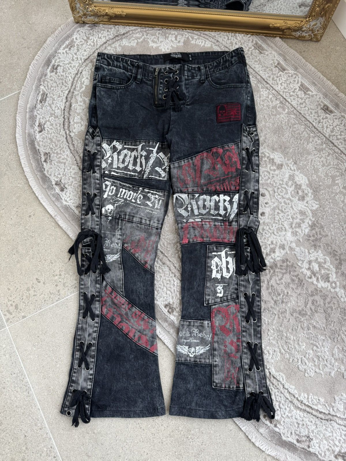 Le Grande Bleu (L.G.B.) Flared Bootcut Rock Rebel Jeans Skull Rock n Roll Gothic Size US 31 - 2 Thumbnail