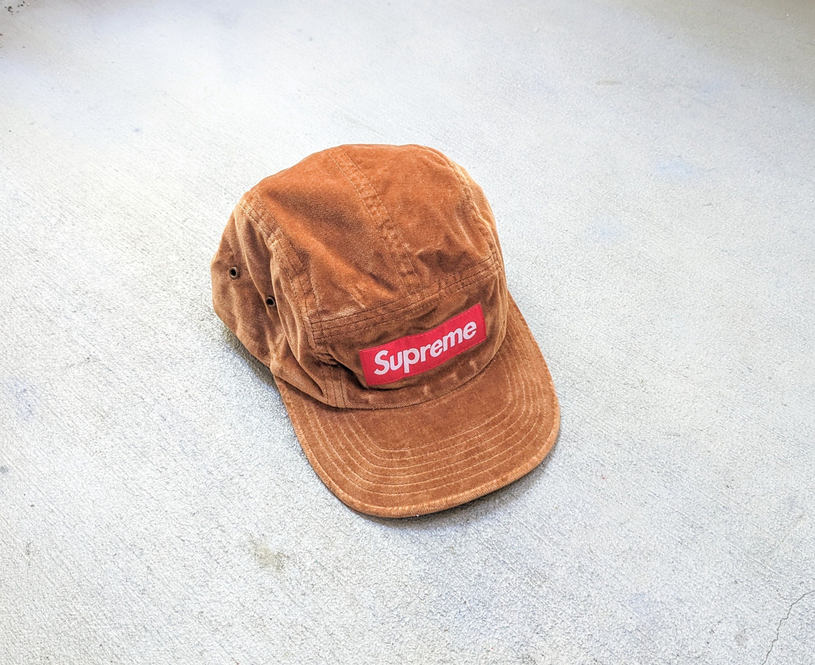 image of Supreme Velvet Camp Cap Brown Hat 5 Panel Velour Bogo Ss16 in Brown Red, Men's