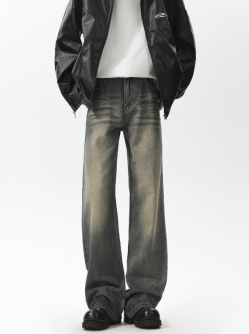 American retro washed distressed loose straight jeans