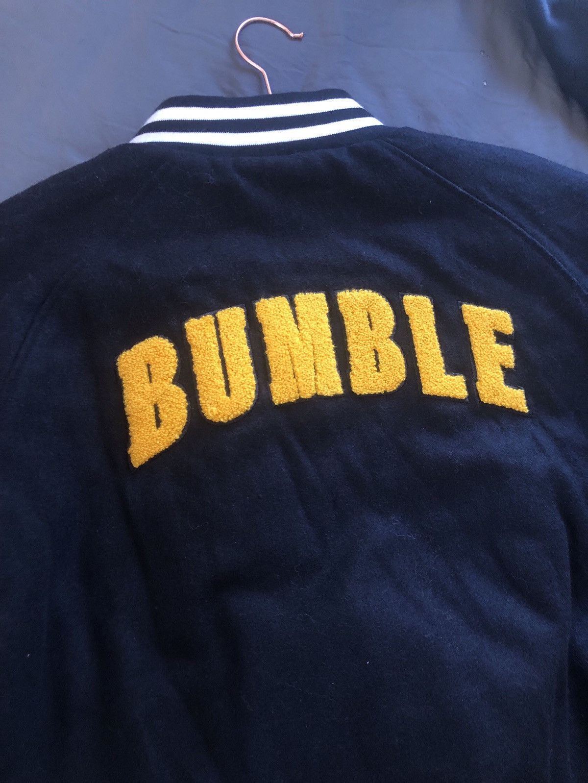 image of Avant Garde x Band Tees Bumble Dating App Varsity Jacket in Black, Men's (Size Medium)