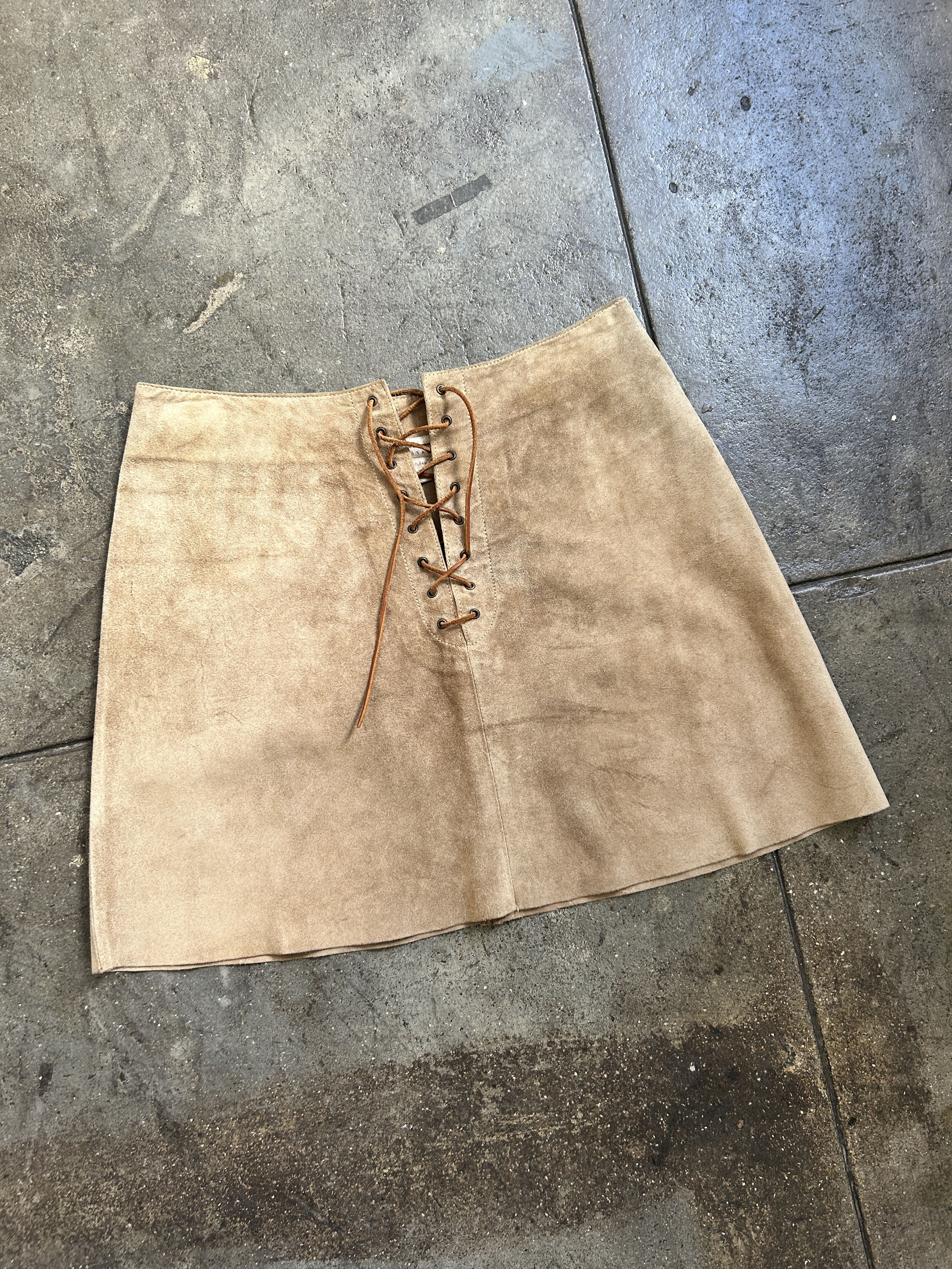 image of Miu Miu 1994 / 1995 Miu Min 100% Suede Leather Skirt W/ Suede String in Tan, Women's (Size 34)