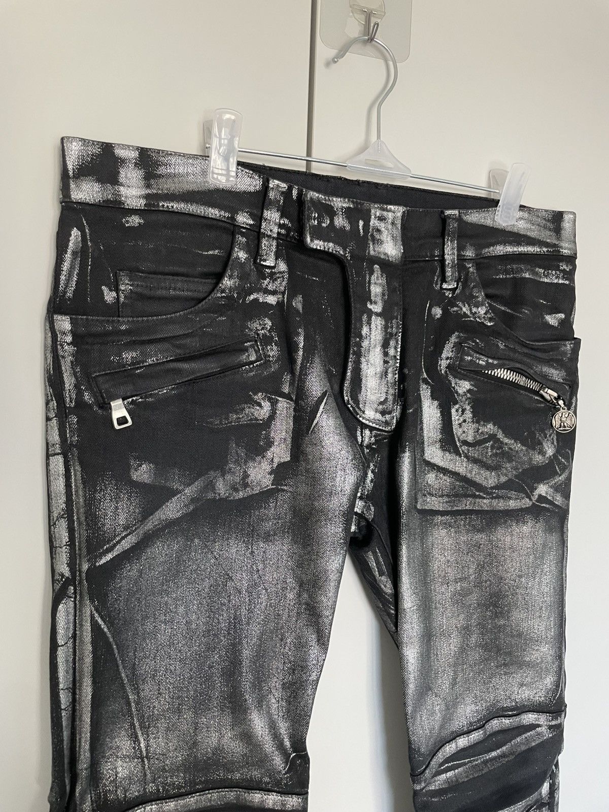 Sold)Balmain decarnin ss11 silver waxed coating jeans