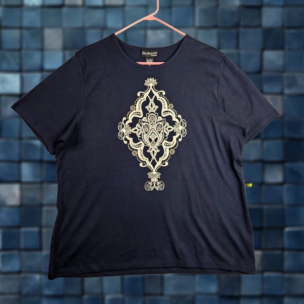 Vintage Style & Co Women Navy Graphic T-Shirt 100% Cotton Short Sleeve Size 2X Size XXL / US 16-18 / IT 52-54 - 1 Thumbnail