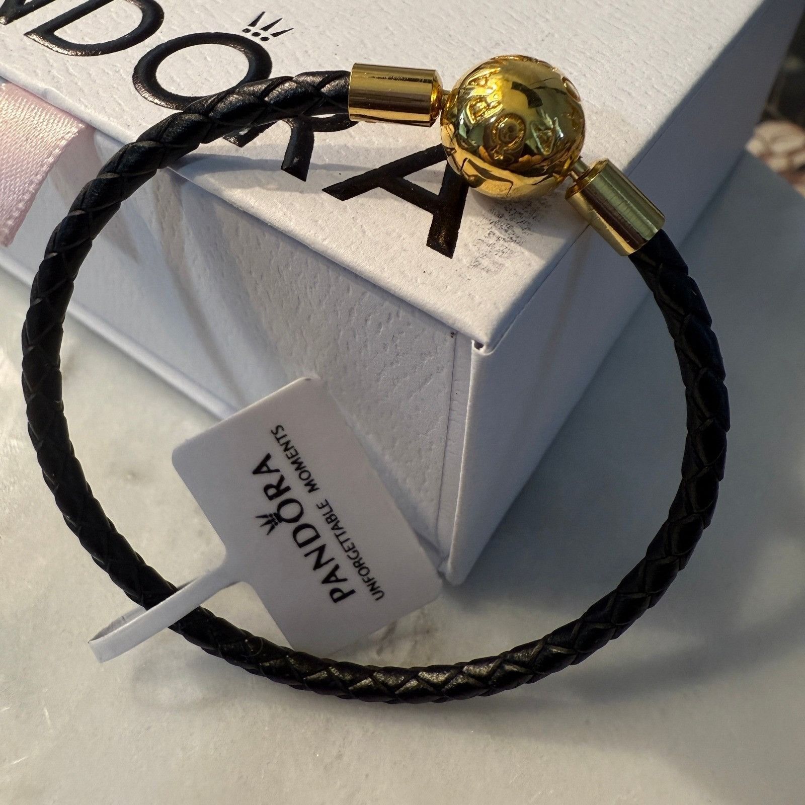 pandora Authentic Pandora, SZ 23CM, Black Braided Leather Charm Brac Size ONE SIZE - 4 Thumbnail