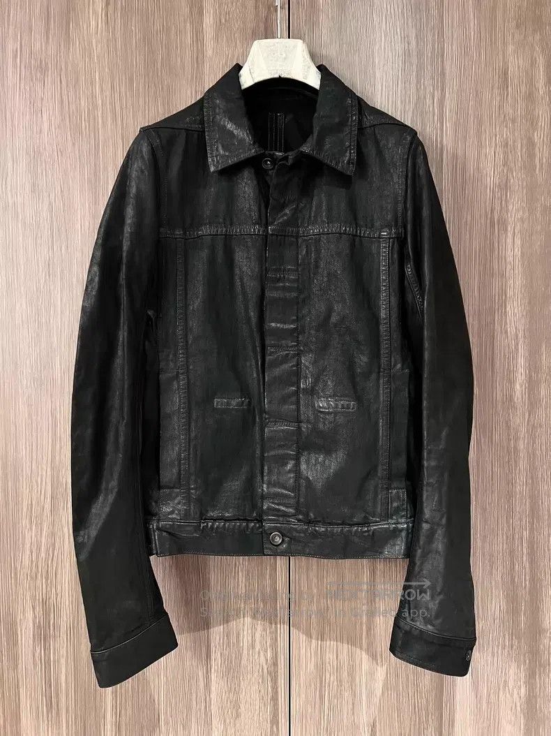 Rick Owens Wax-Coated Leather Sleeve Denim Jacket