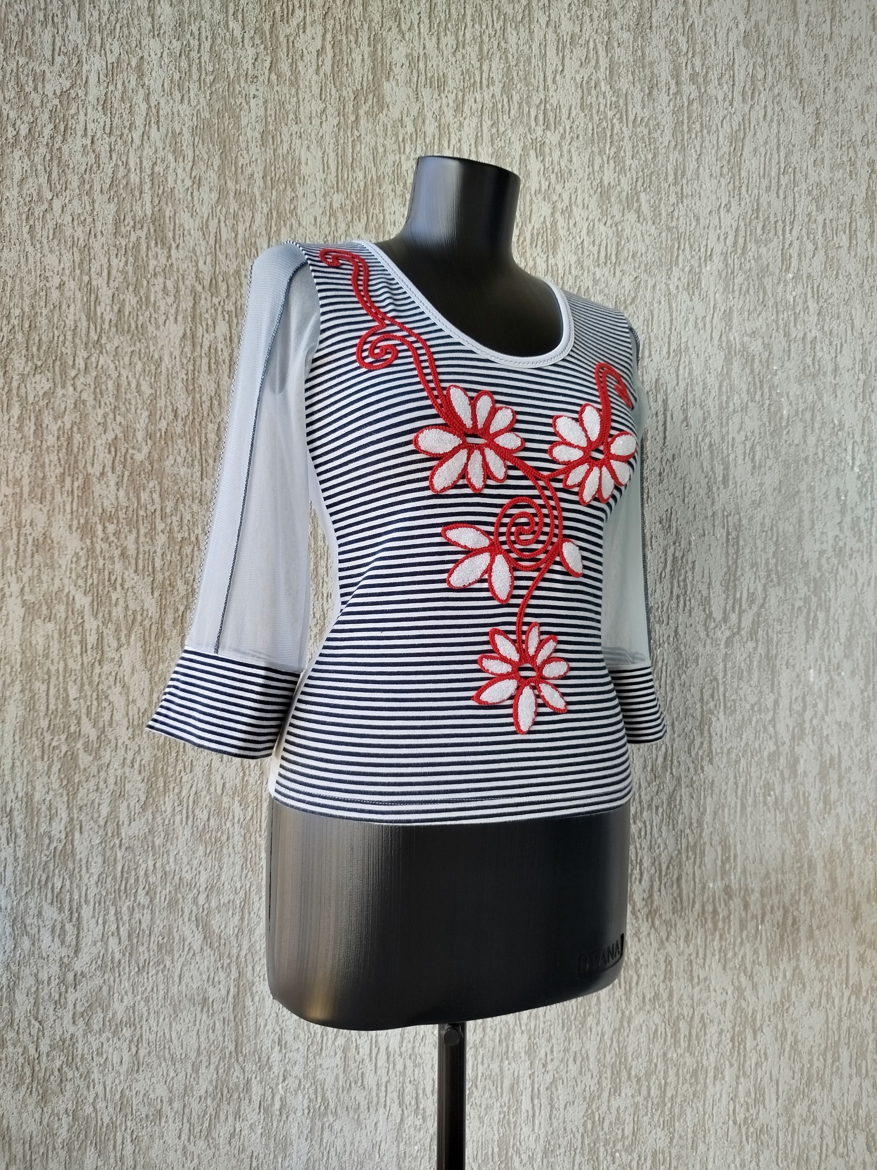 Jean Paul Gaultier Save The Queen Top Striped Floral Mesh Sleeves Vintage Y2K Size S / US 4 / IT 40 - 6 Thumbnail