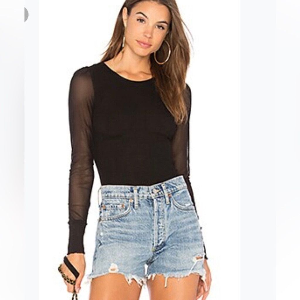 Free Planet Free People Turn It Up Black Long Mesh Sleeve Ribbed Top S Size S / US 4 / IT 40 - 1 Thumbnail