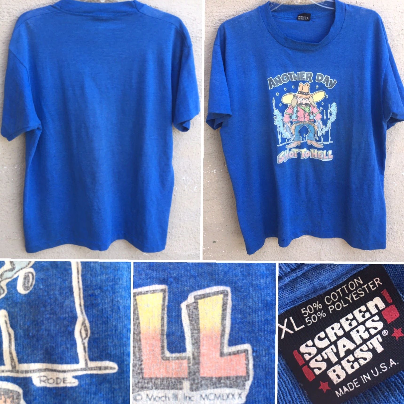 Vintage VINTAGE Screen Stars T-Shirt 1980s XL Blue Men Short Sleeve Graphic Tee Cowboy Iron On Another Day Shot To Hell 80s Size US XL / EU 56 / 4 - 2 Thumbnail