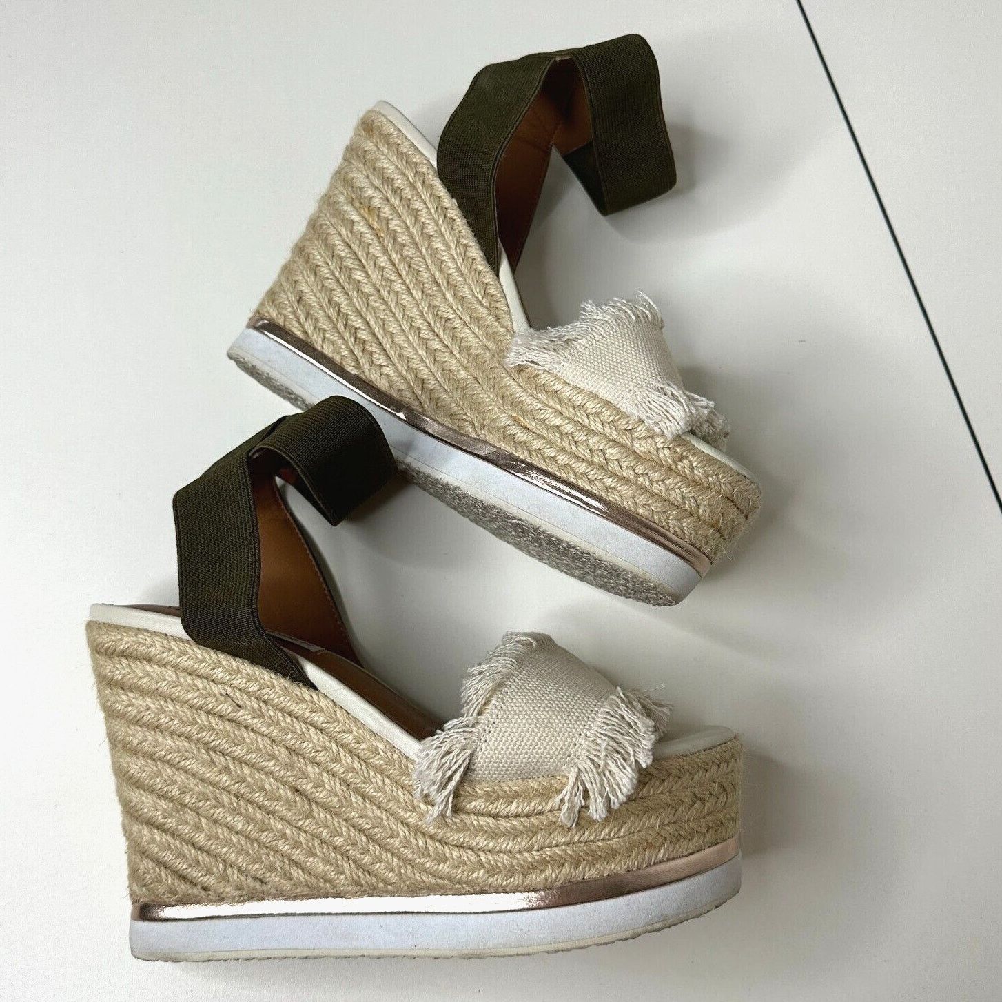 Steve Madden Steve Madden Wedge Beige Canvas Green Ankle Espadrilles 5.5 Size US 5.5 / IT 35.5 - 8 Thumbnail