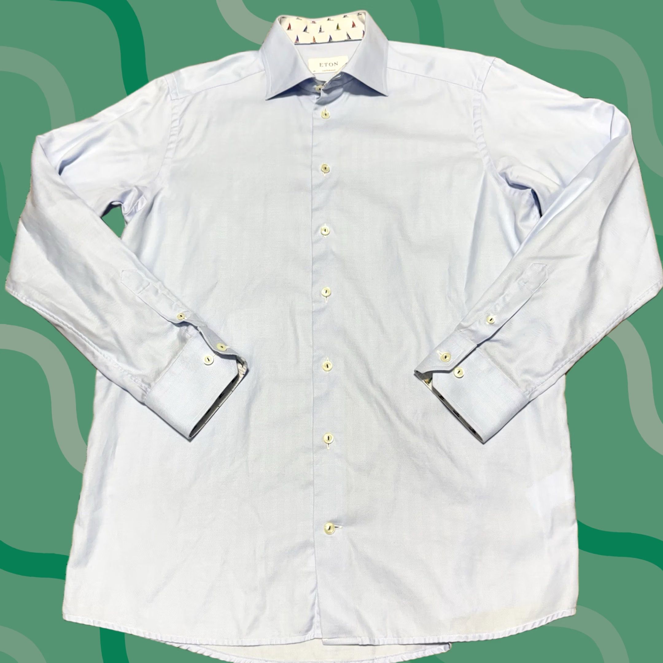 Eton Etón Dress Shirt Mens 40 Blue Contemorary Barrel Cuff Sailboat Print Long Sleeve Regular Colorful Voyage 15 3/4 40 Men Shirts Size 40R - 1 Thumbnail