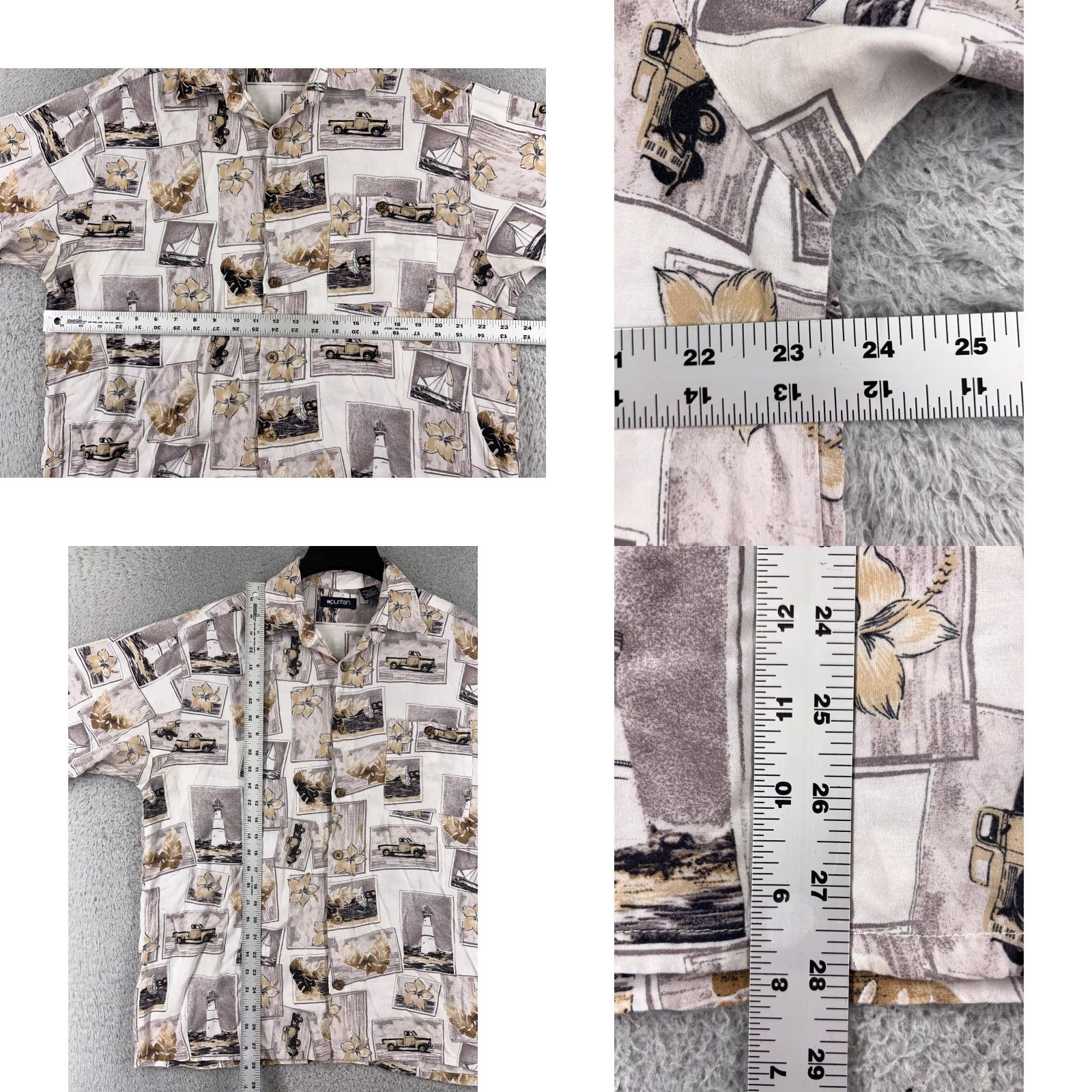 Vintage Puritan Shirt Mens Large Beige Hawaiian Sailboat Lighthouse Truck Postcard Rayon Size US L / EU 52-54 / 3 - 8 Thumbnail