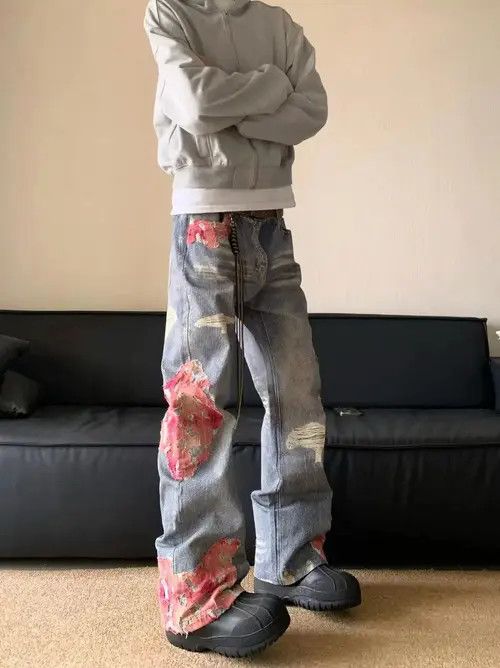 Vintage Tomomi x Yumi Stylish Distressed Jeans with Floral Patches Size US 30 / EU 46 - 1 Thumbnail