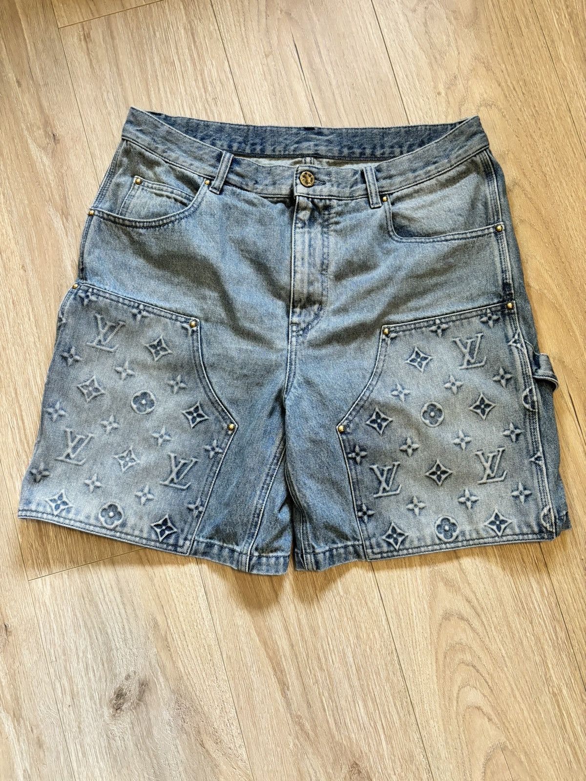 image of Louis Vuitton Denim Carpenter Shorts in Blue, Men's (Size 34)