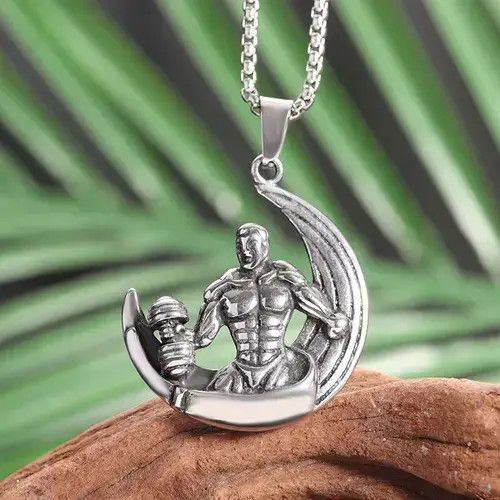Jewelry x Vintage Moon Gym Muscle Men Necklace in Silver