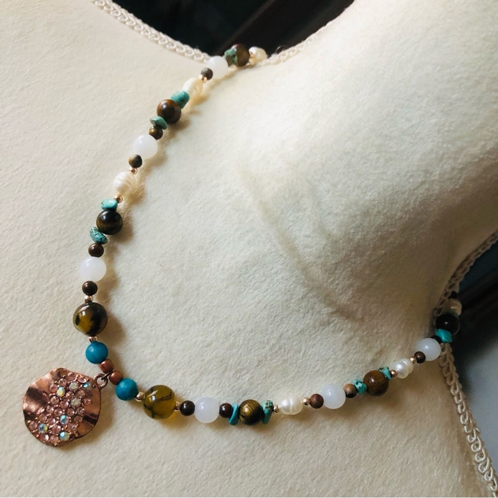 Handmade Handcrafted howlite jasper tiger eye pearl necklace Size ONE SIZE - 1 Thumbnail