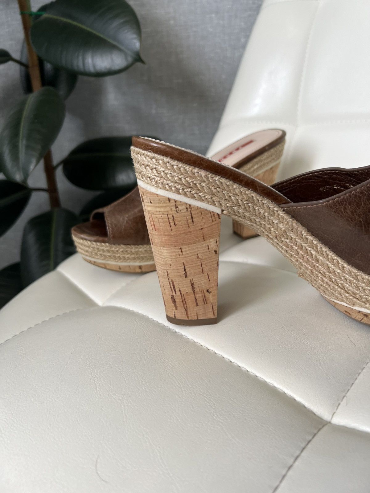 Prada Prada Leather Platform Mules Cork Heels Woven Trim Sandals Size US 8 / IT 38 - 9 Thumbnail