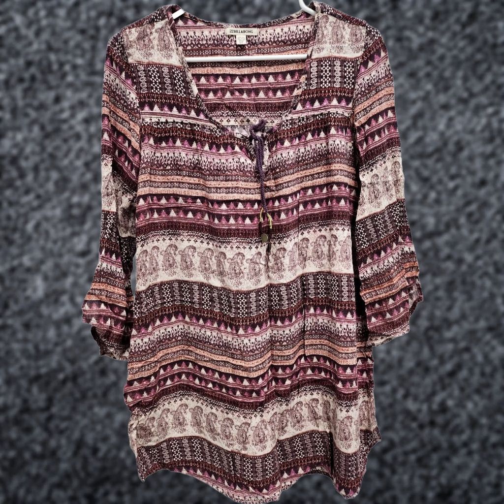 Billabong Billabong BOHO Peasant Tunic Top Womens S Purple Paisley 3/4 Sleeve Casual Shirt Blouse Size S / US 4 / IT 40 - 1 Thumbnail