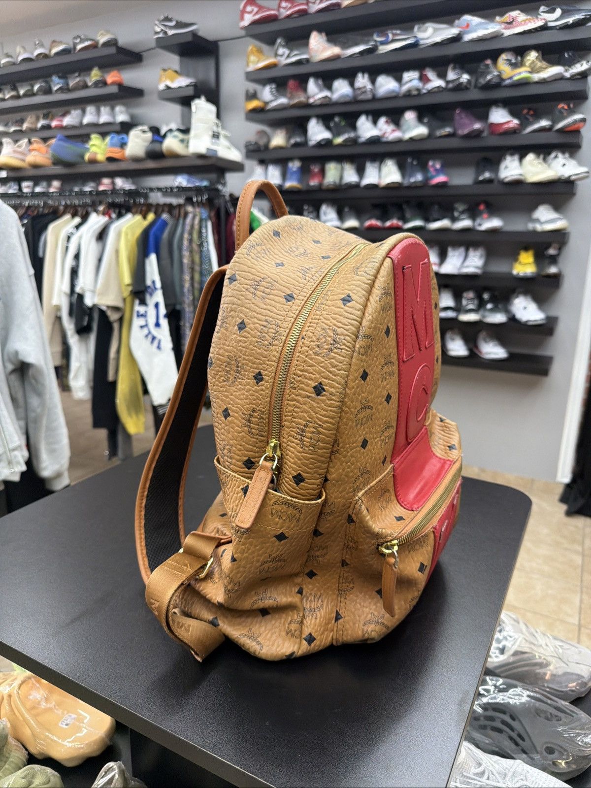 MCM MCM Visetos Medium Stark Logo Stripe Backpack Cognac Red Size ONE SIZE - 4 Thumbnail