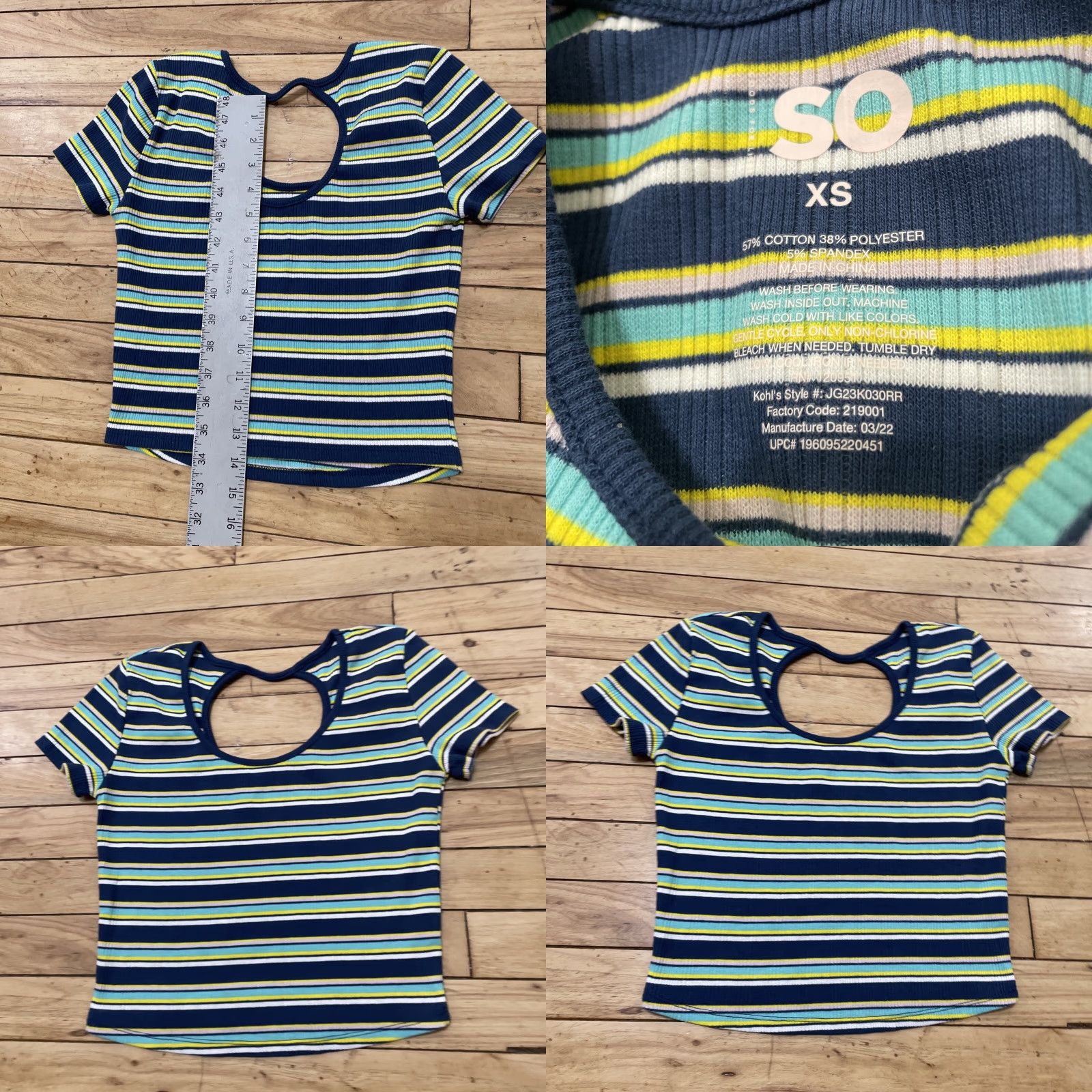 Vintage SO Shirt XS Womens Cropped Hoop Knit Top Blue Green Stripe Breathe Stretch Model XS Casual Summer Size XS / US 0-2 / IT 36-38 - 8 Thumbnail