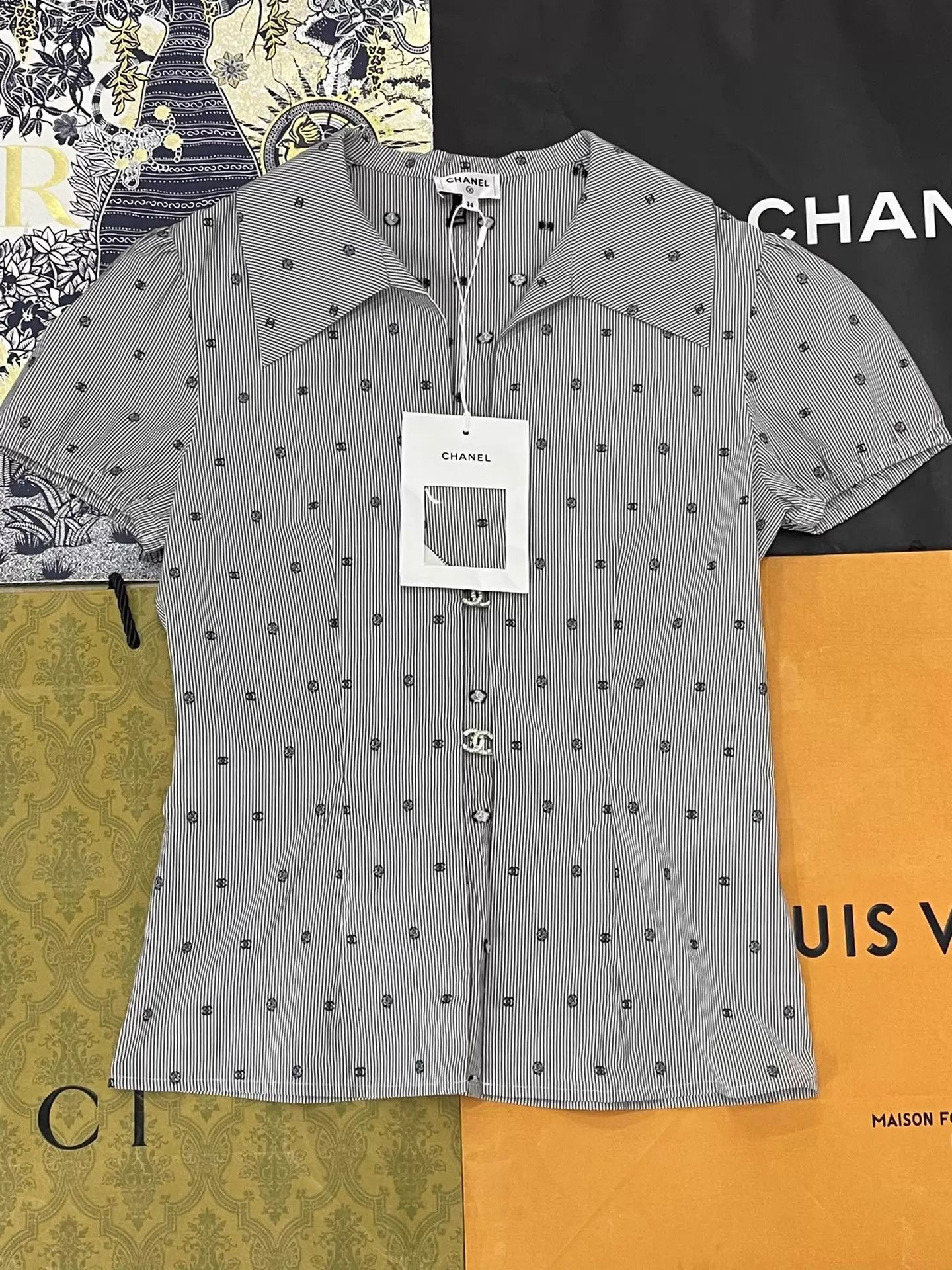 Chanel CHANEL STRIPED SHORT SLEEVE KNITTED TENCEL SHIRT TOP | Grailed