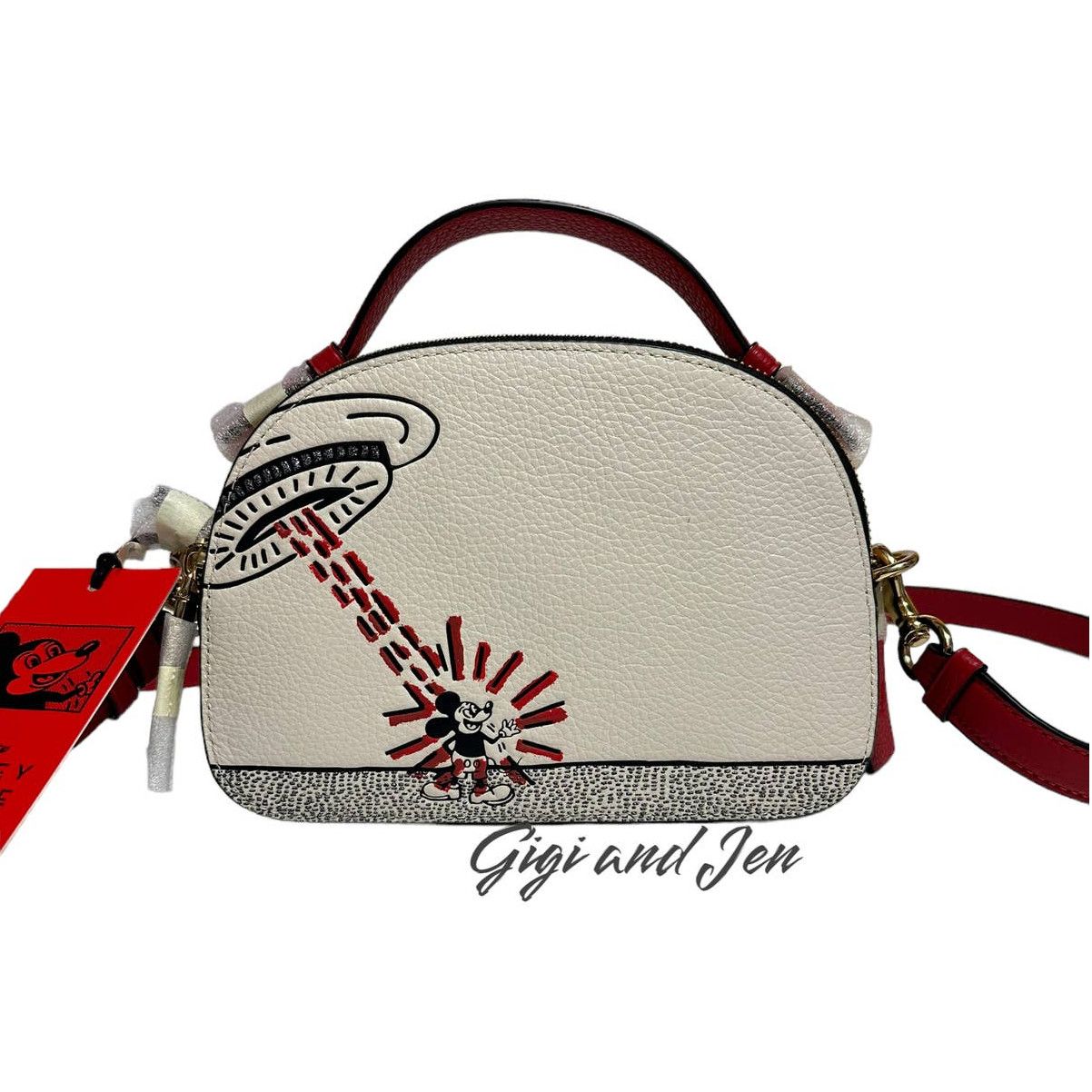 image of Coach Disney Mickey Mouse Keith Haring Serena Satchel Bag in Cream, Women's