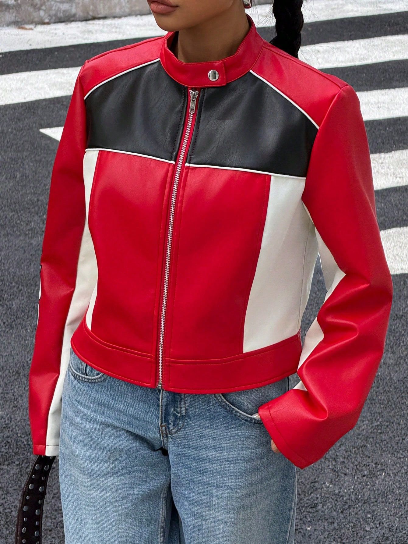 Other Women’s Red Cropped Racing Jacket | Black White Moto Style Size L / US 10 / IT 46 - 3 Thumbnail