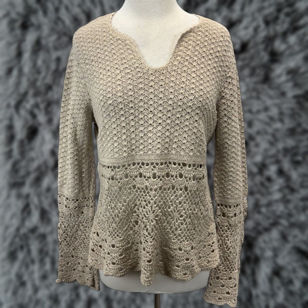 Vintage VINTAGE Tiara International Crochet Sweater Women’s Sz Medium Open-Knit Bohemian Bell Sleeve 90s Tan Women Size M / US 6-8 / IT 42-44 - 1 Thumbnail