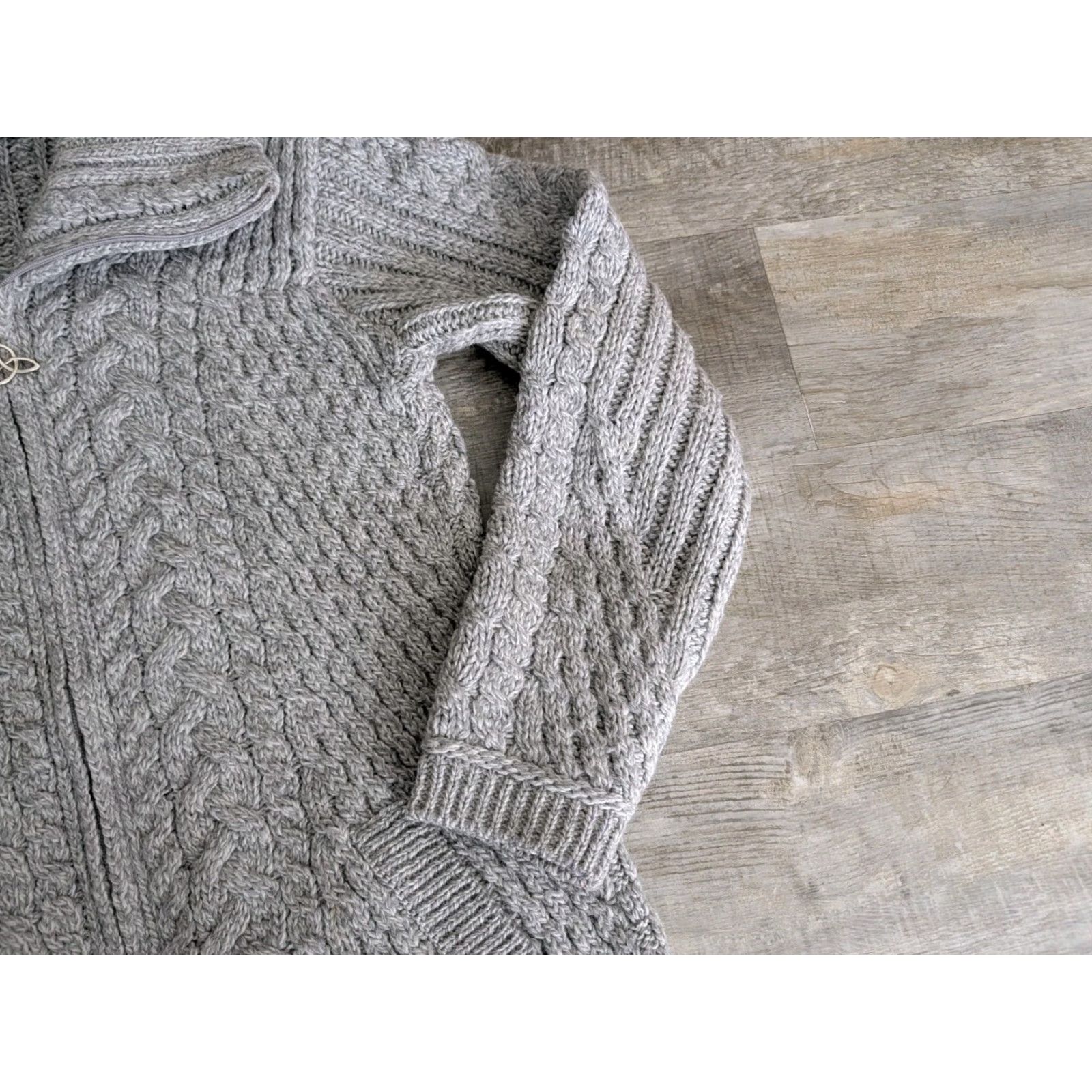 Vintage Aran Mor Sweater Cardigan Women Gray Merino Wool Cable Knit Full Zip Mock Neck Medium Size M / US 6-8 / IT 42-44 - 3 Thumbnail