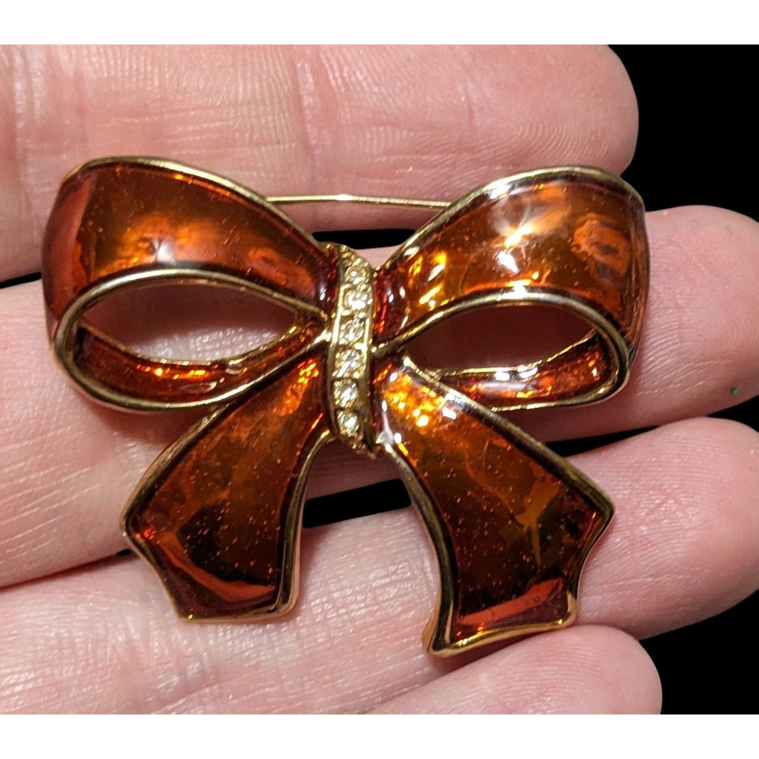Other Vintage Orange And Gold Enamel Rhinestone Bow Brooch Size ONE SIZE - 2 Thumbnail