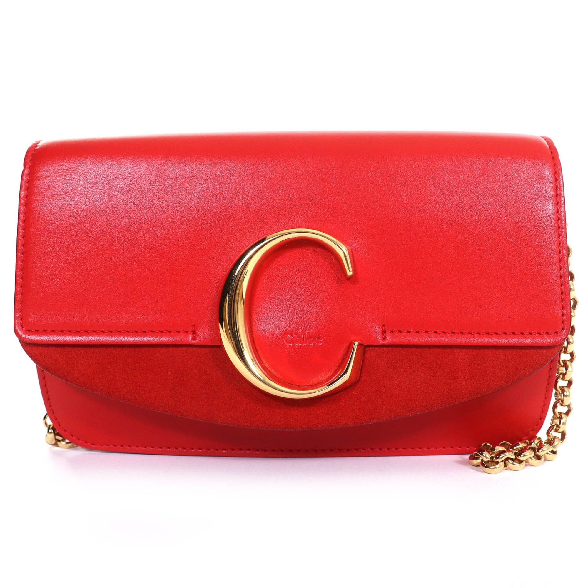 Chloe Chloé Chloe CHC19SS192A37640 C logo suede leather and chain shoulder bag in red with gold hardware. Includes dust bag. Made Italy. Size ONE SIZE - 1 Thumbnail