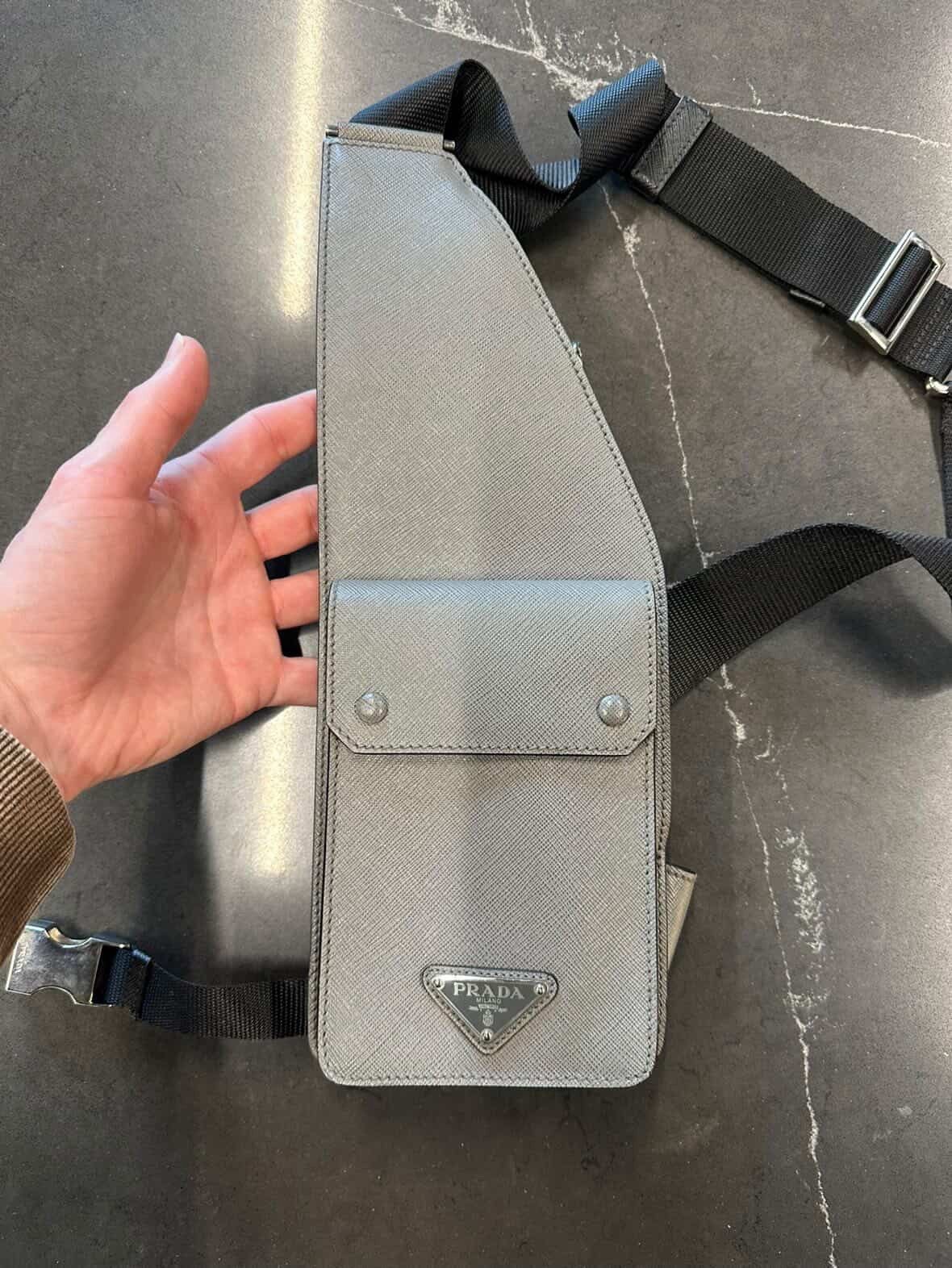 Prada Saffiano Leather Harness Crossbody Bag Grey